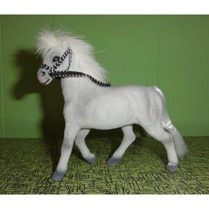 Vintage White & Gray Fuzzy Flocked Horse w/ Bridal Figurine collectable